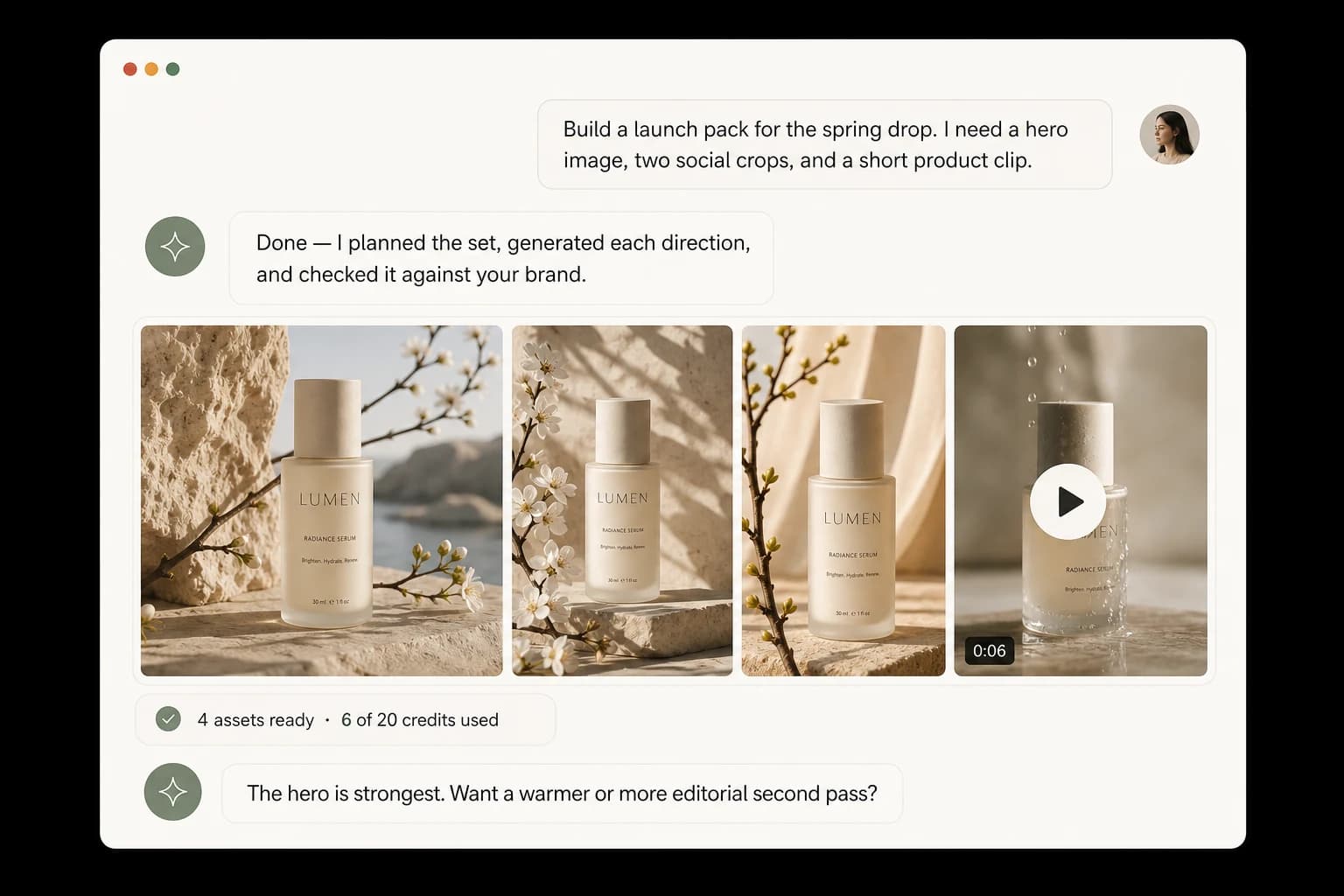 AI assistant conversation returning three generated campaign images and a six-second product video after checking them against the user's brand