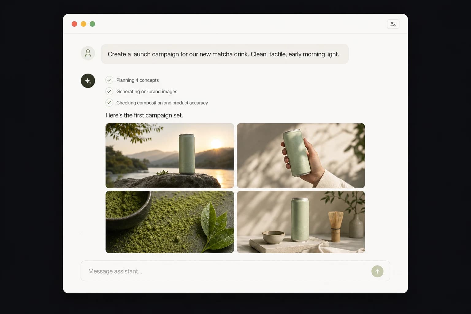 AI assistant conversation where a user asks for matcha launch visuals and the agent plans, generates, validates, and returns a four-image campaign