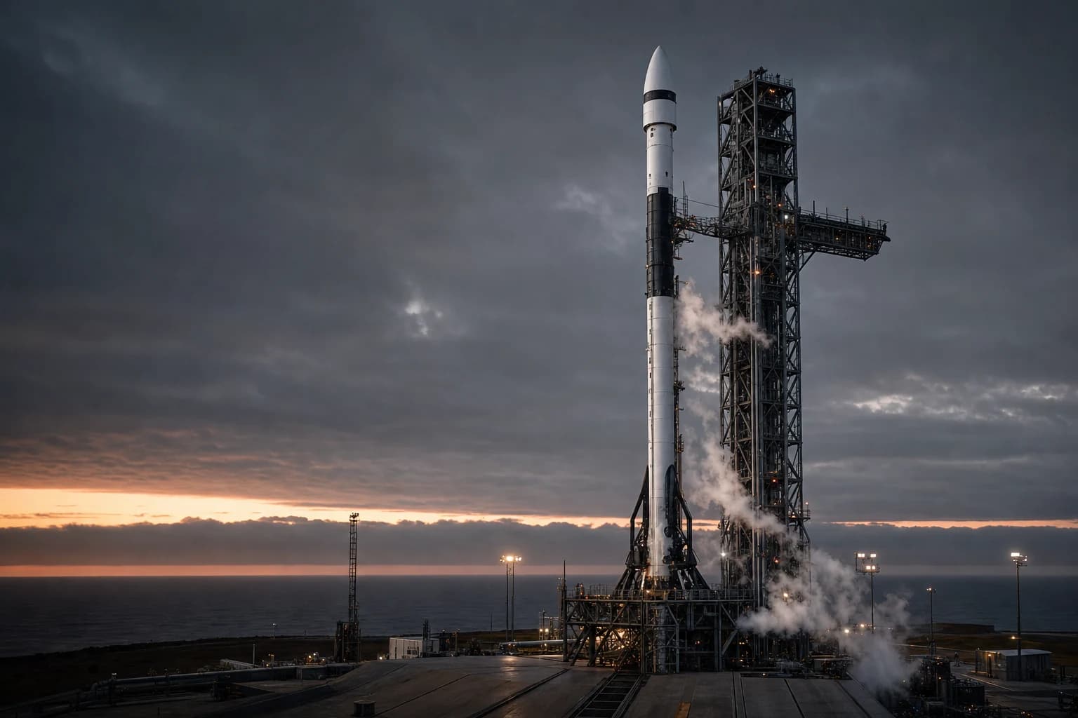 Kestrel-01 rocket venting on a coastal launch pad before dawn