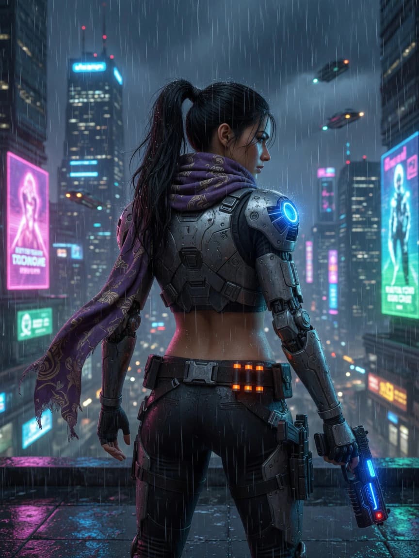 Nyra rear view in a futuristic city