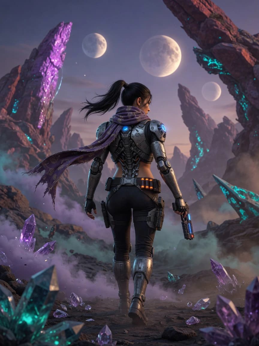 Nyra rear view in alien ruins