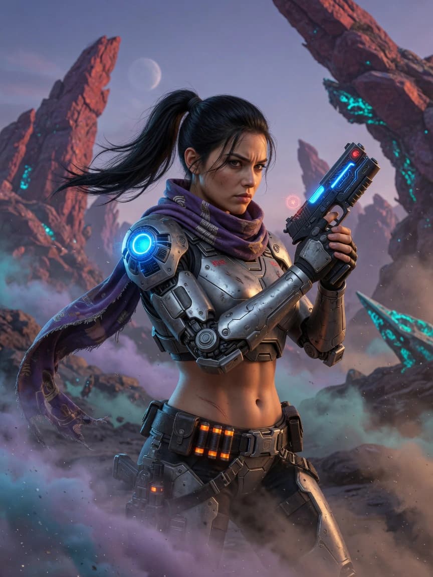 Nyra in silver power armor on an alien world
