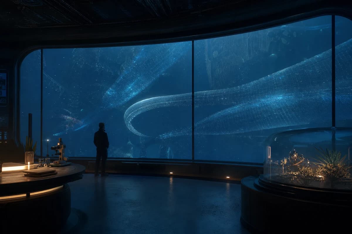 Alien ocean creatures beyond a research station window