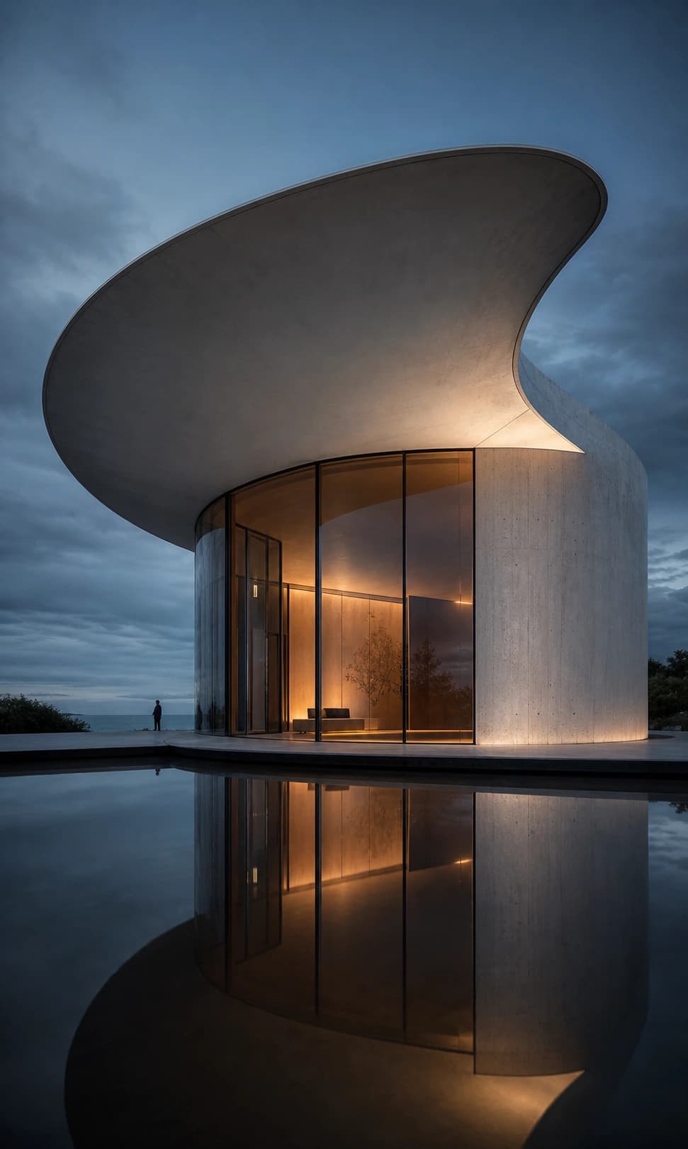 Curved contemporary house beside a reflective pool