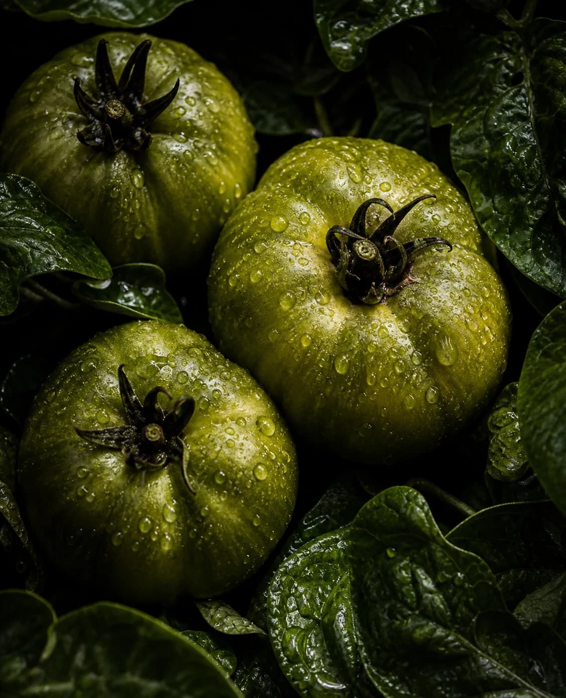 Green tomatoes in dramatic garden light