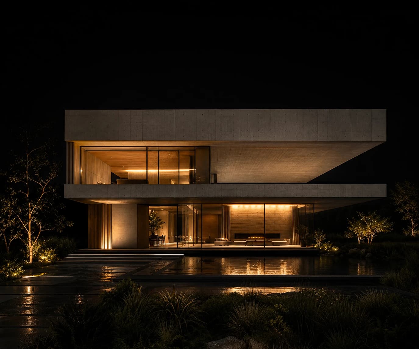 Modern house illuminated at night