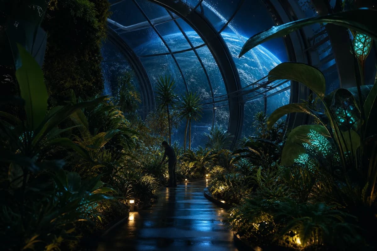 Orbital greenhouse overlooking a blue planet