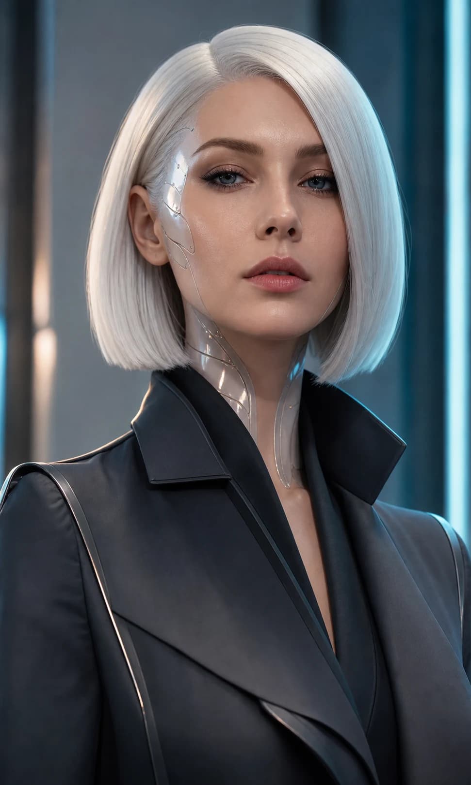 Platinum-haired female android in graphite tailoring