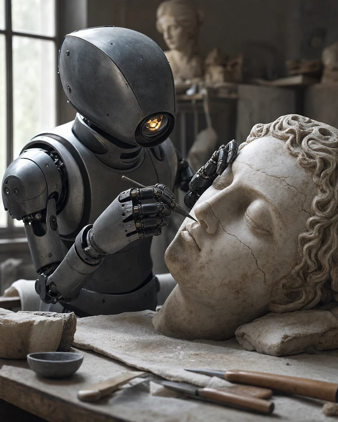 Robot carefully restoring an ancient marble sculpture