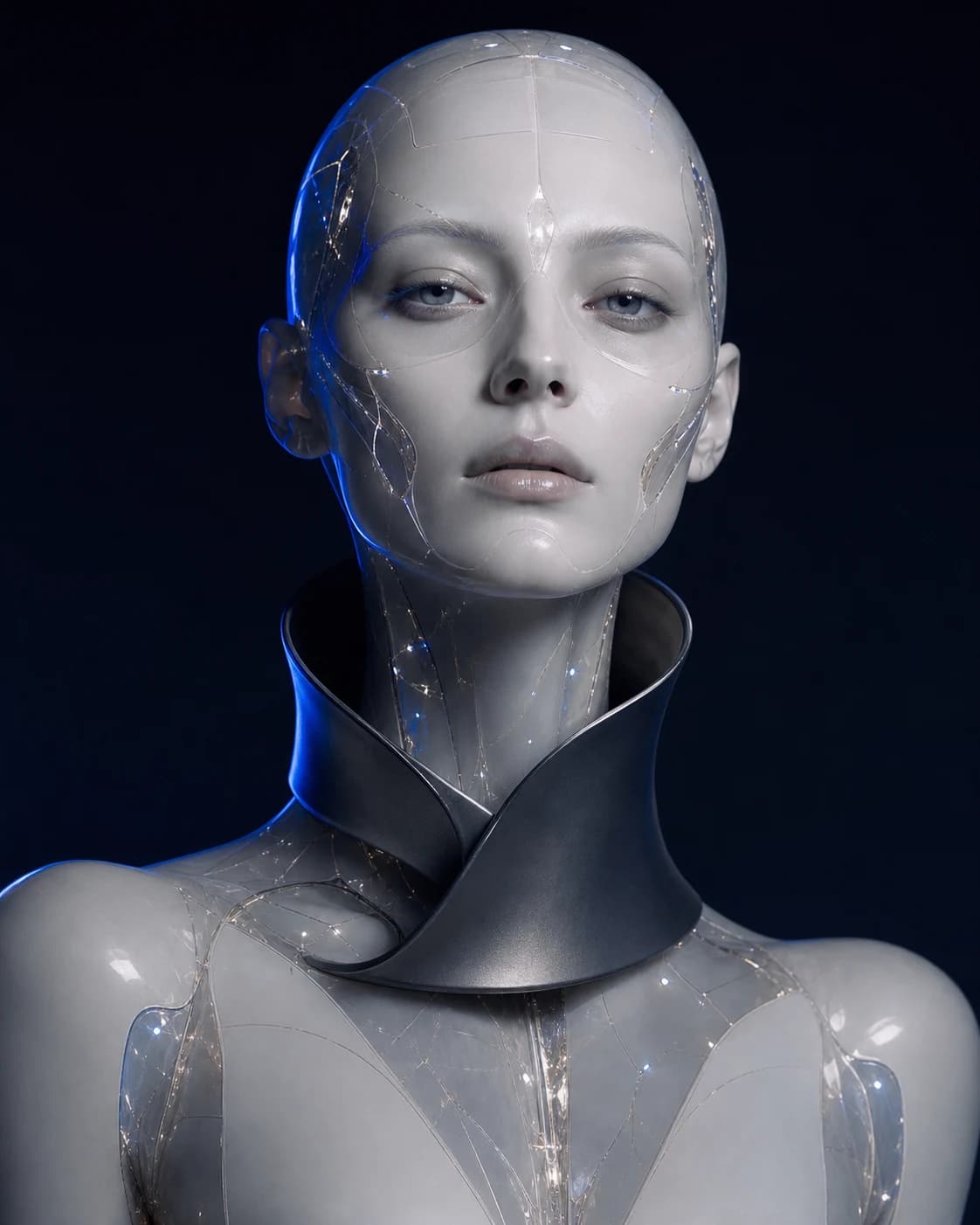 Elegant synthetic being in cobalt rim light