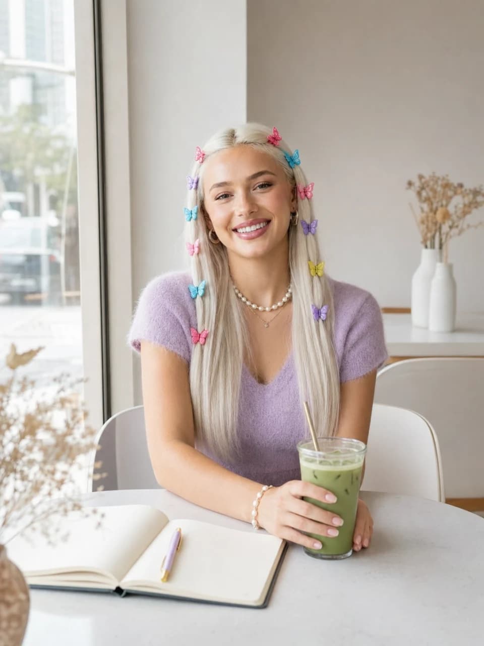 Chloe having matcha in a softly lit cafe