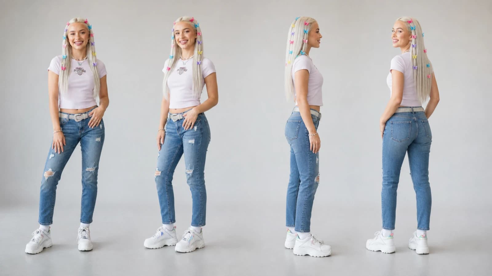 Chloe character sheet showing front, three-quarter, profile, and rear reference views