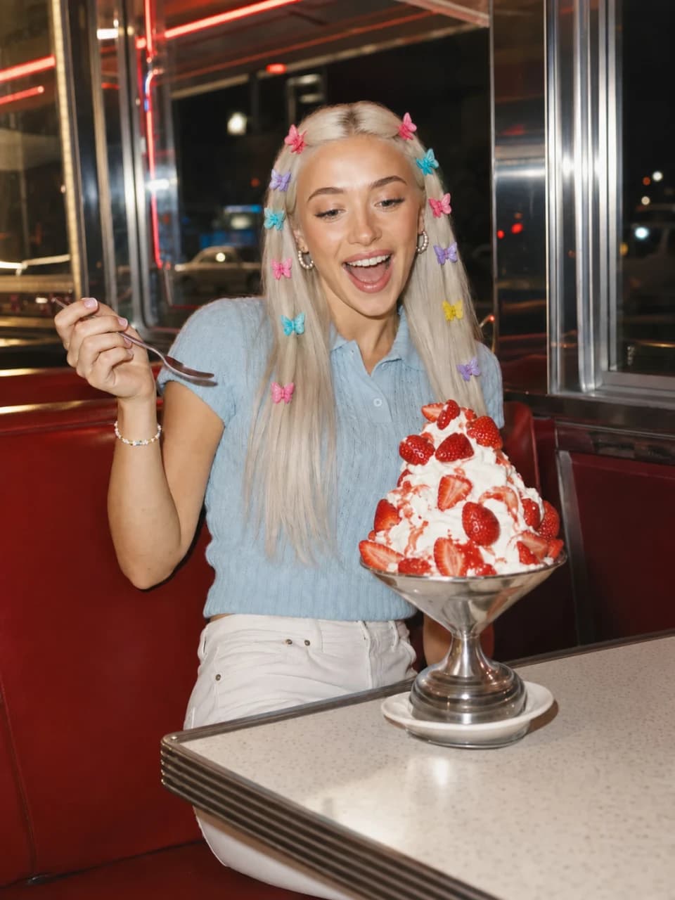 Chloe seated in a diner