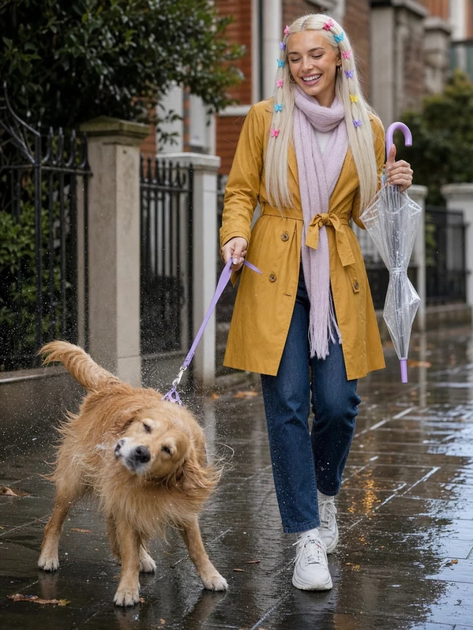 Chloe walking a dog on a rainy street