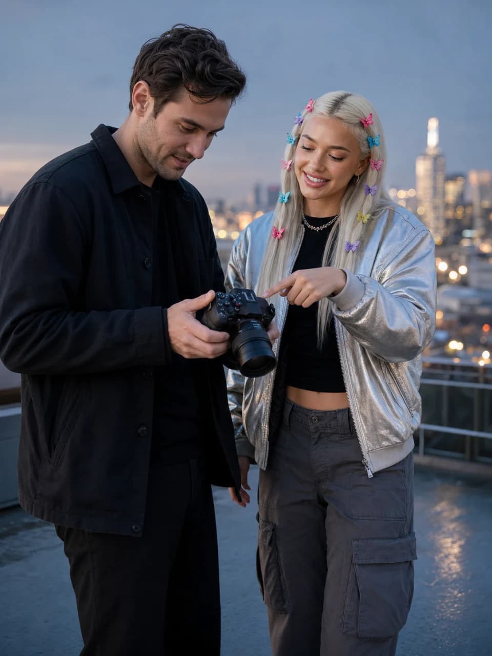 Chloe posing during a rooftop photo shoot