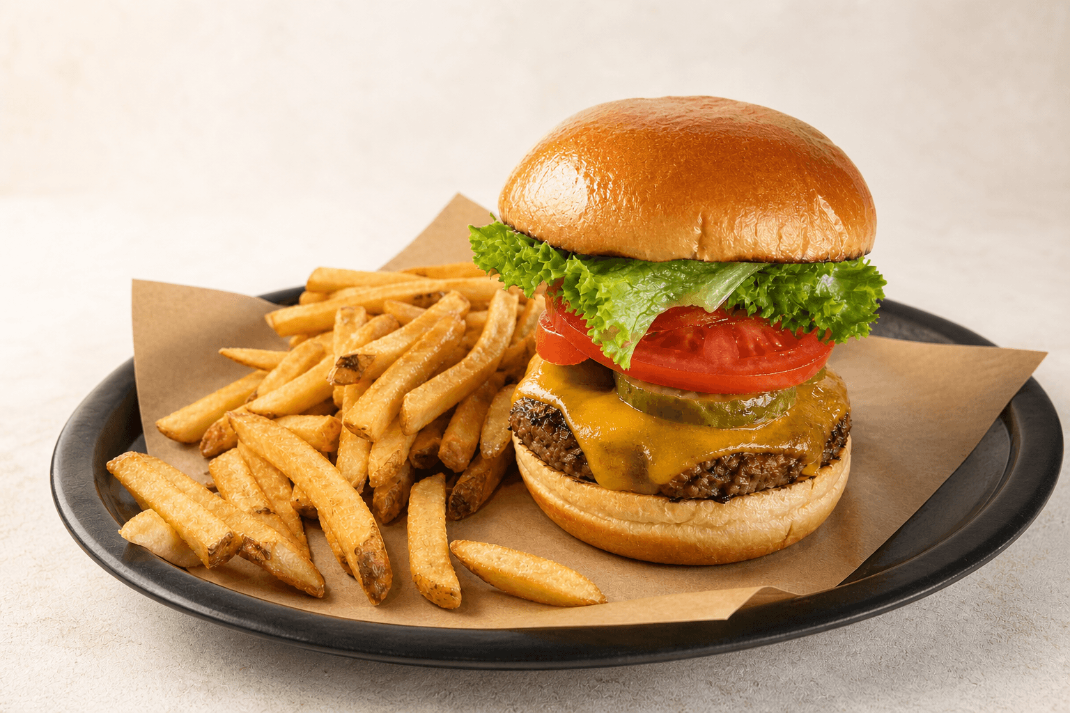 Delivery listing result featuring cheeseburger and fries