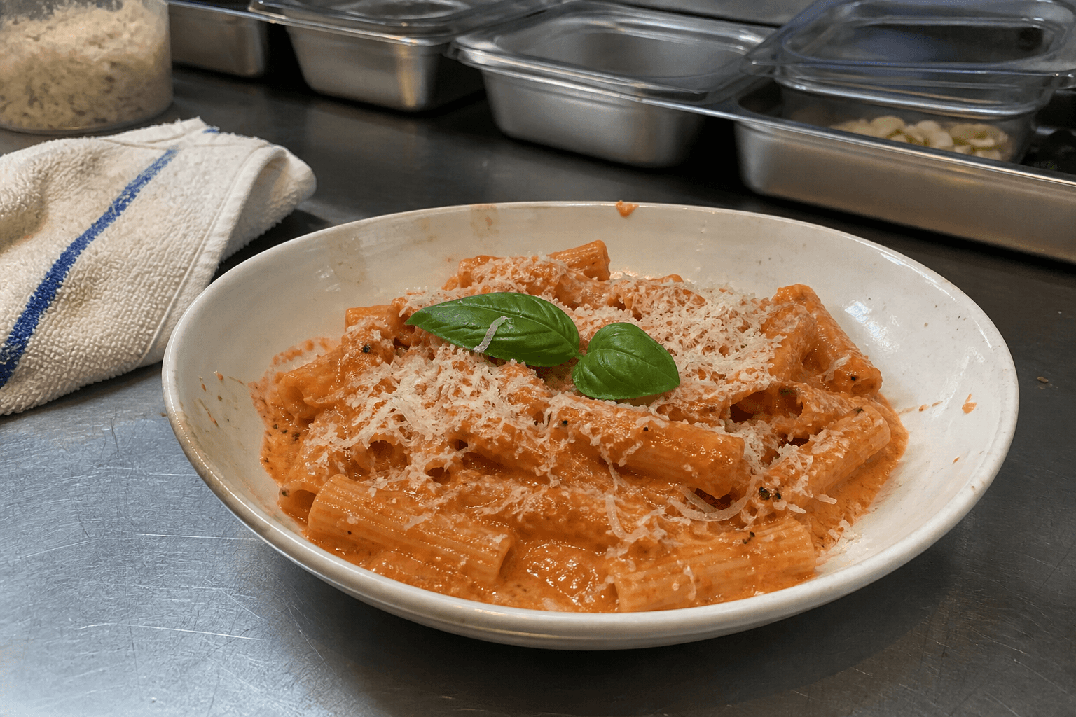 Original phone photo of rigatoni on a restaurant kitchen pass