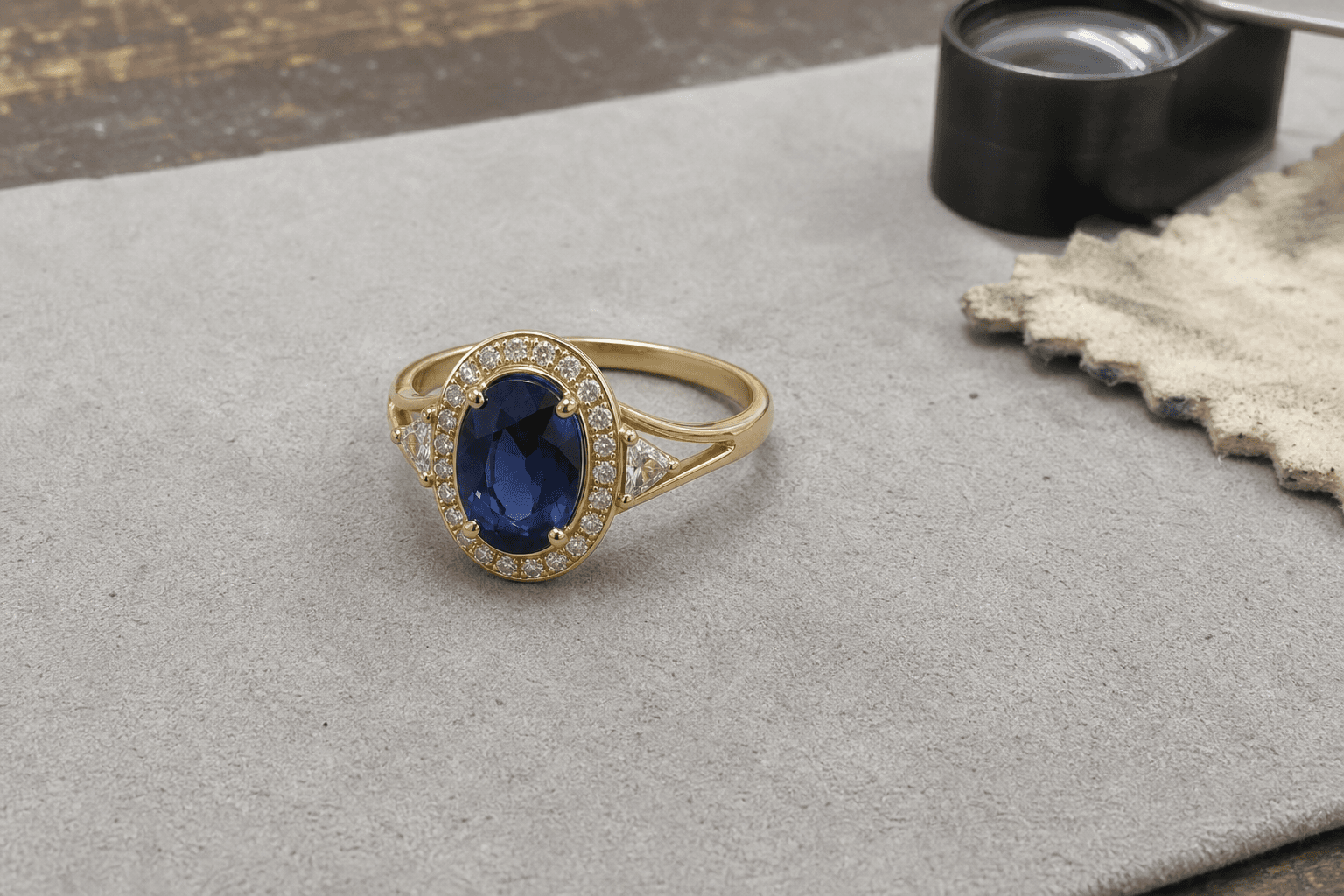 Original jewelry source photo of a yellow-gold sapphire ring