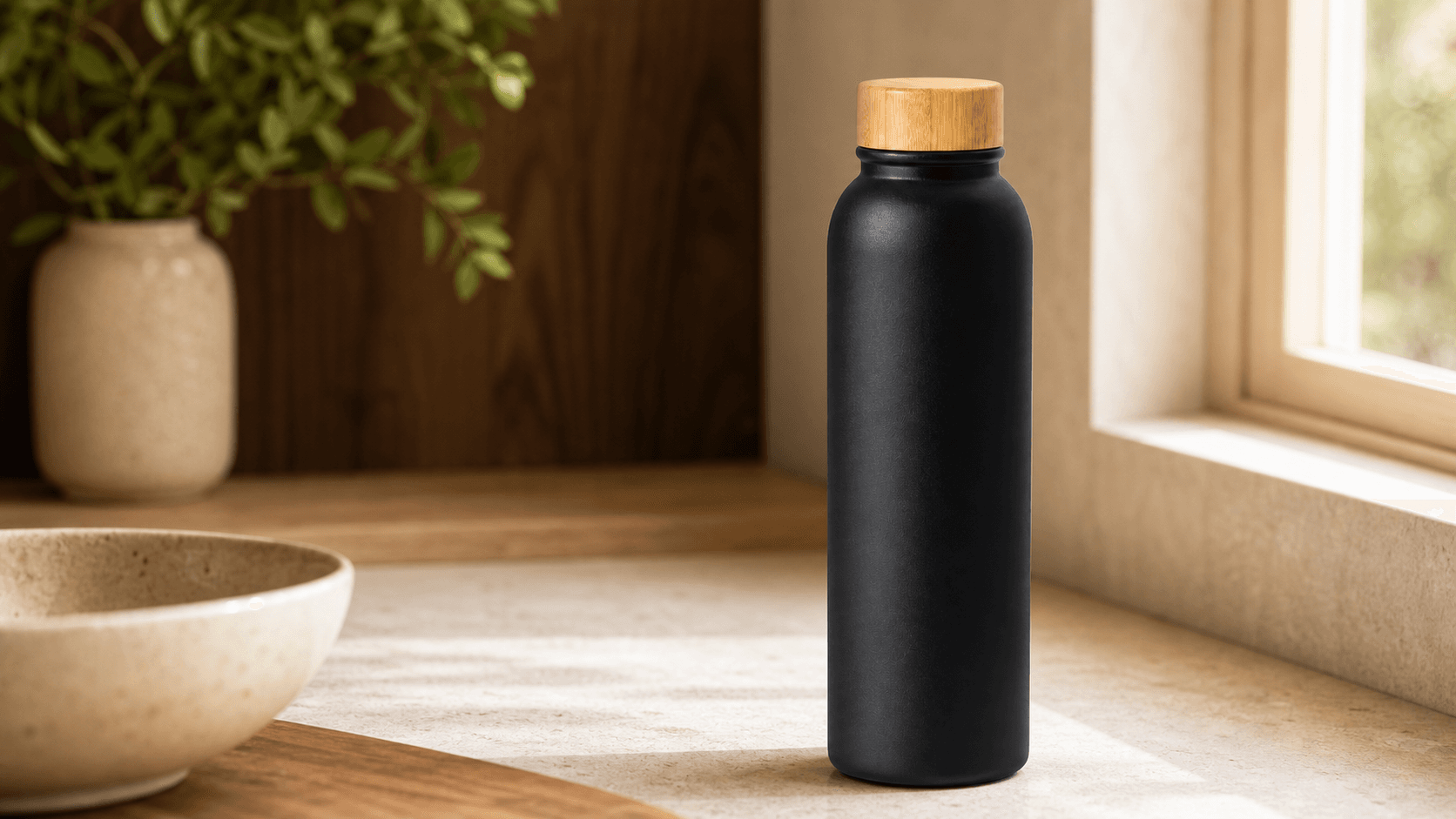 Warm kitchen lifestyle scene featuring the same bottle