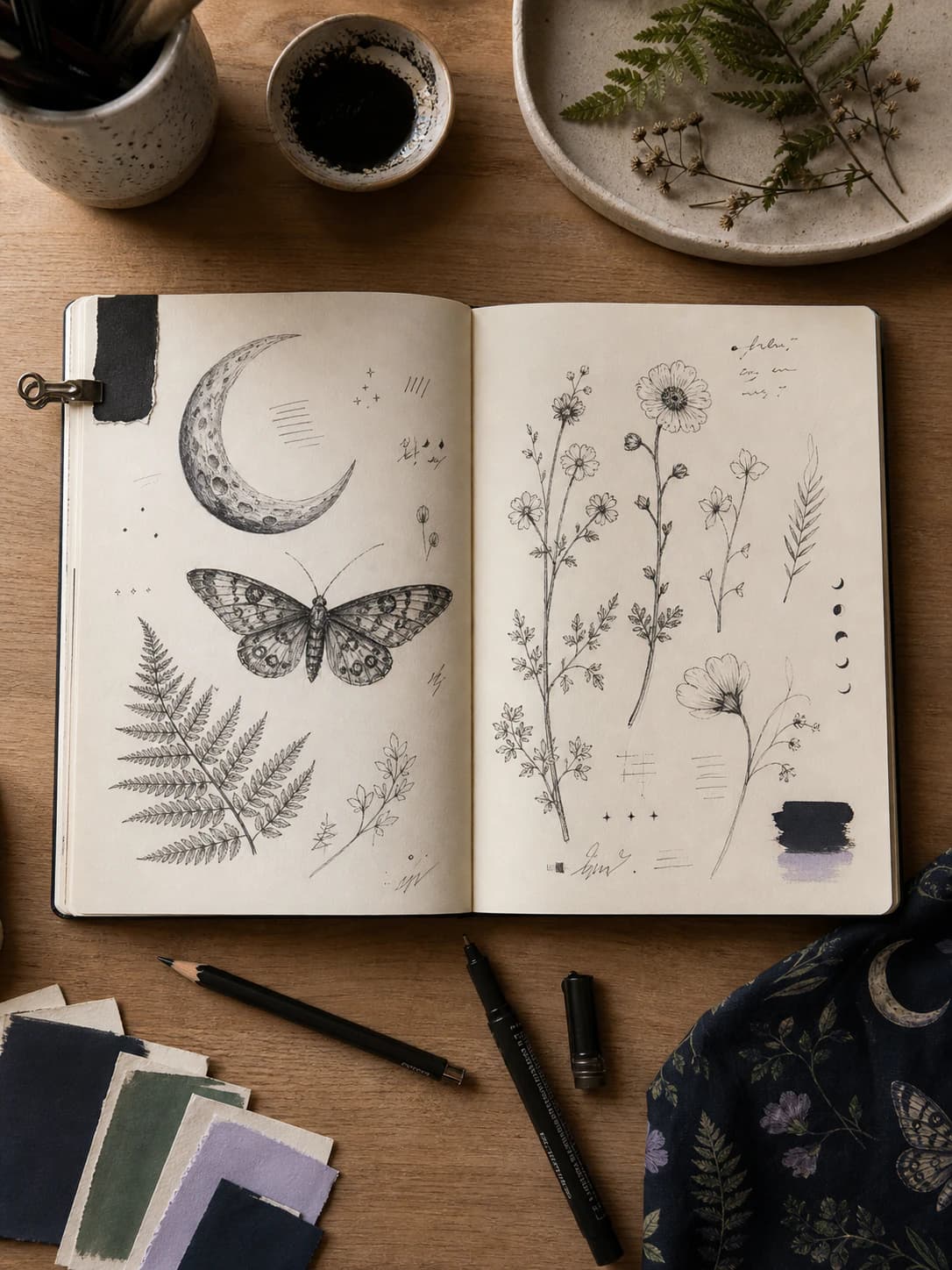 Night Garden print-on-demand brand idea sketched in a notebook