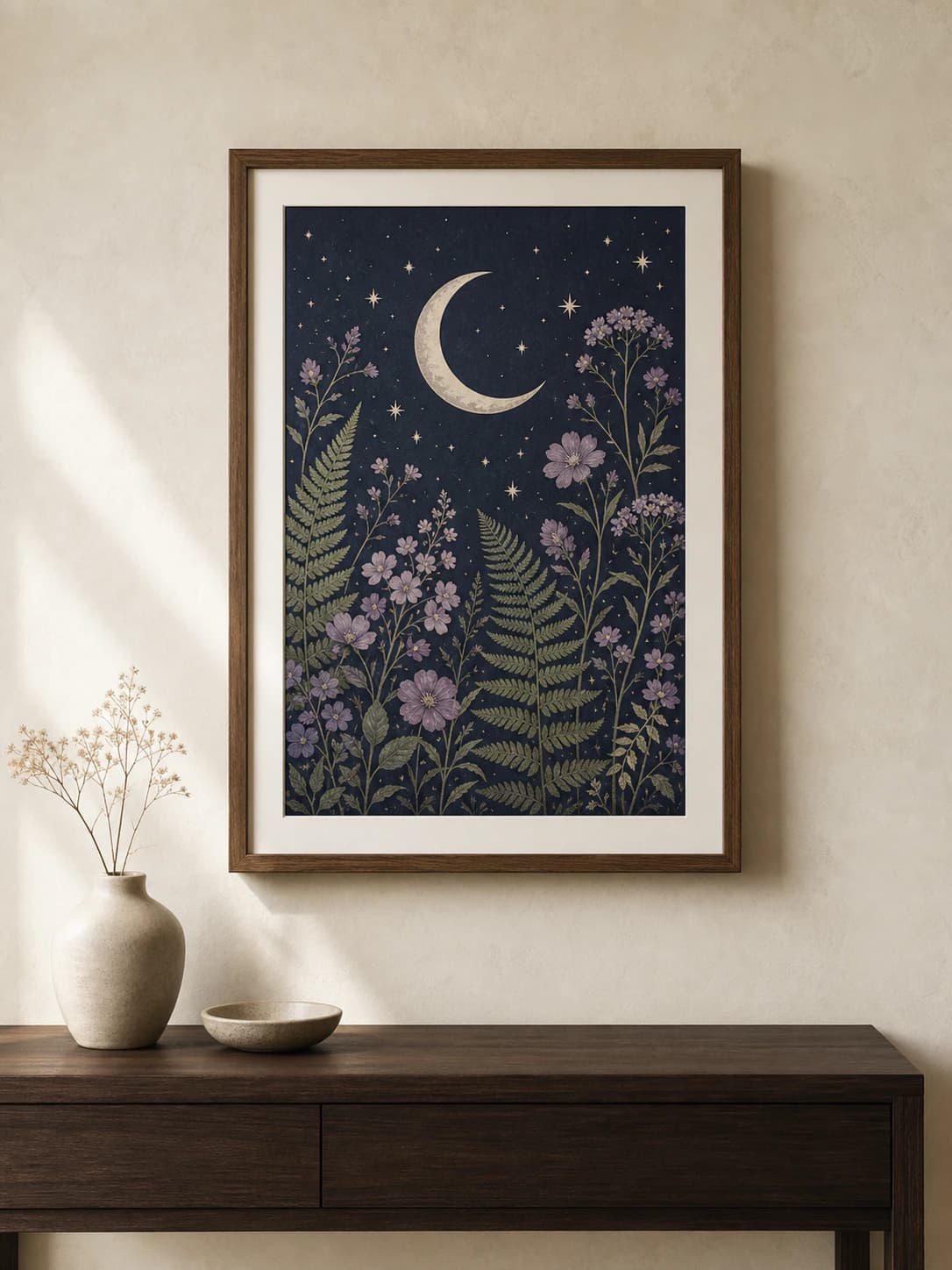 Framed Night Garden art print in a styled room