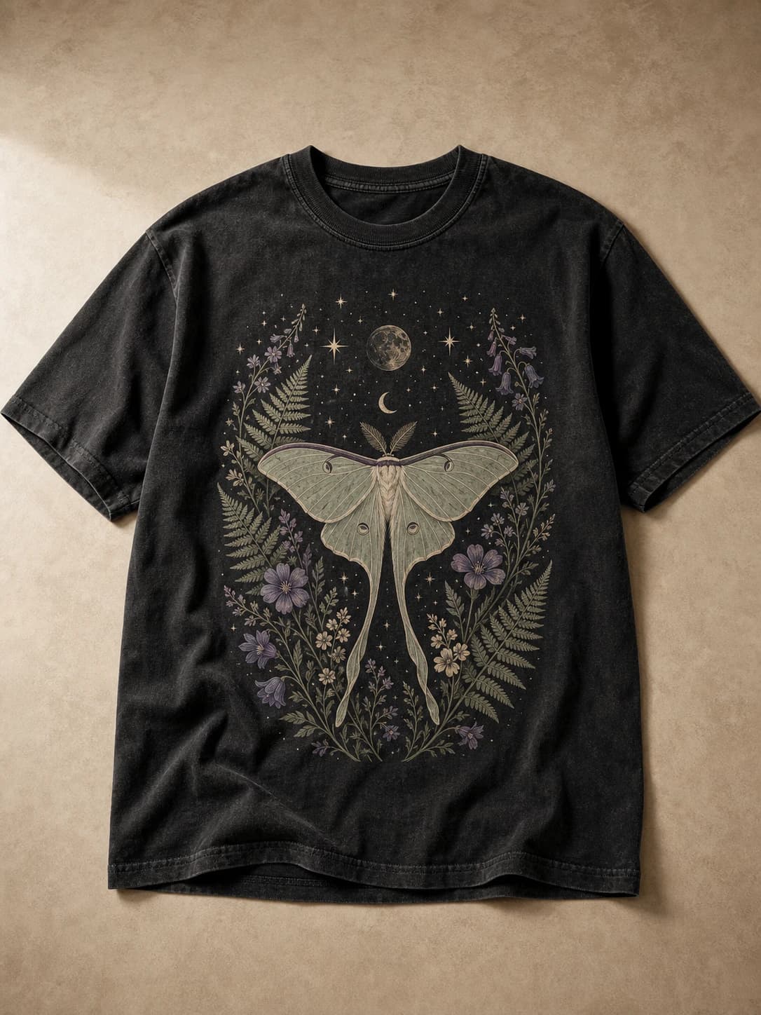 Black print-on-demand T-shirt with Night Garden artwork