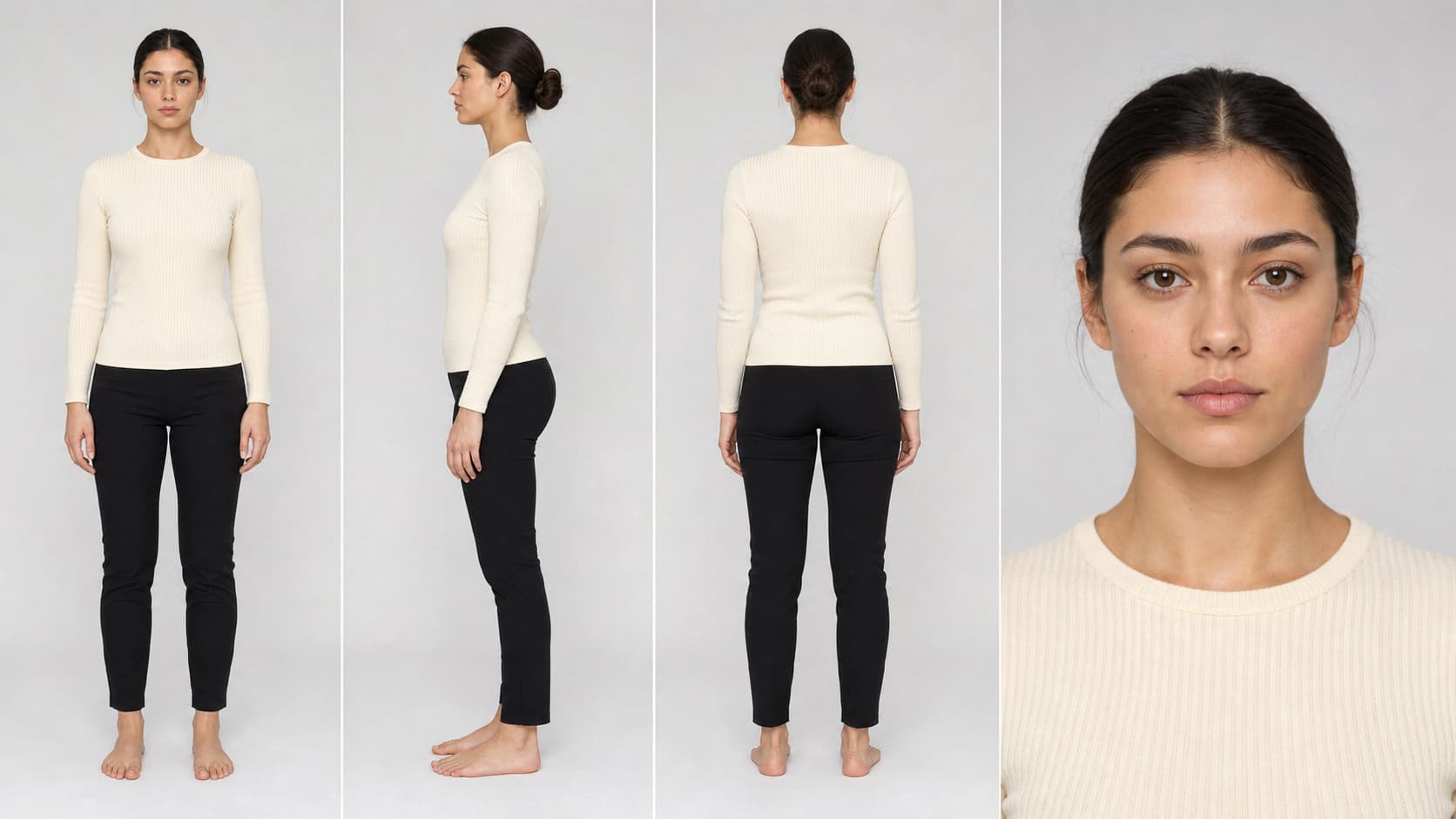 A four-panel character sheet of a synthetic fashion model on a grey studio background: full-body front view, left side profile, back view, and a head-and-shoulders close-up, all in a plain cream knit top and black trousers