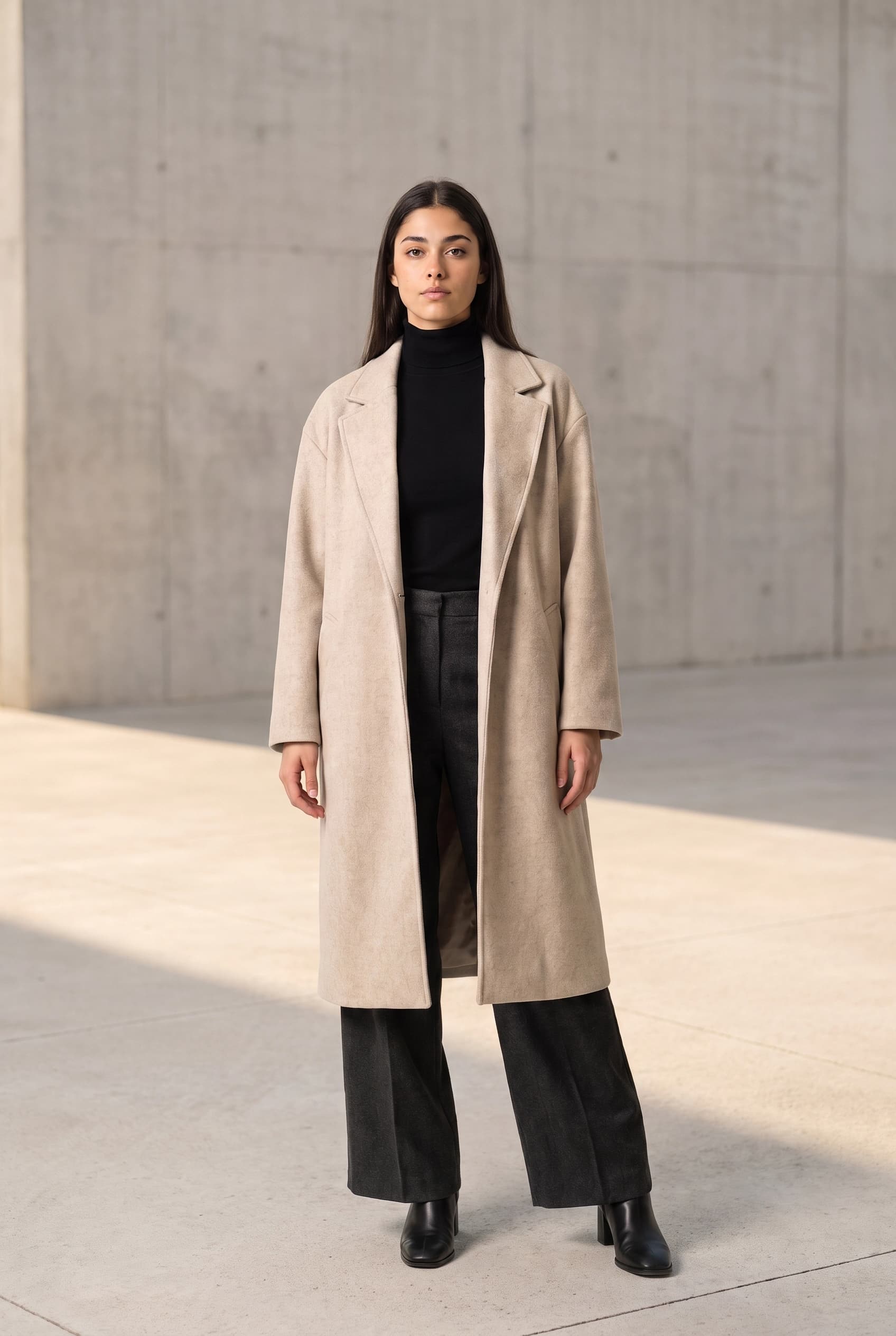 The same model in the same coat standing on an empty concrete plaza in late afternoon sun, with a long shadow across the ground