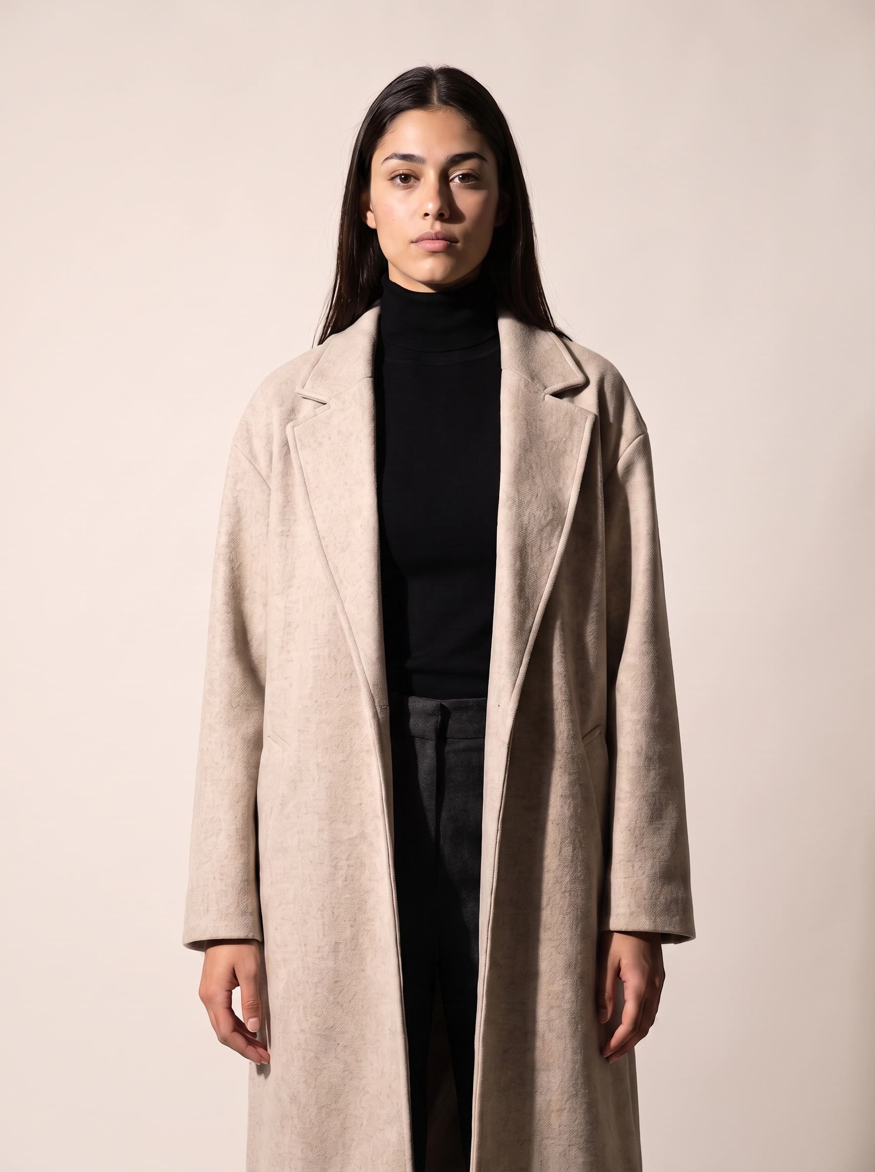 The model lit by a large frontal softbox, with almost no shadows and the coat rendered as flat even colour