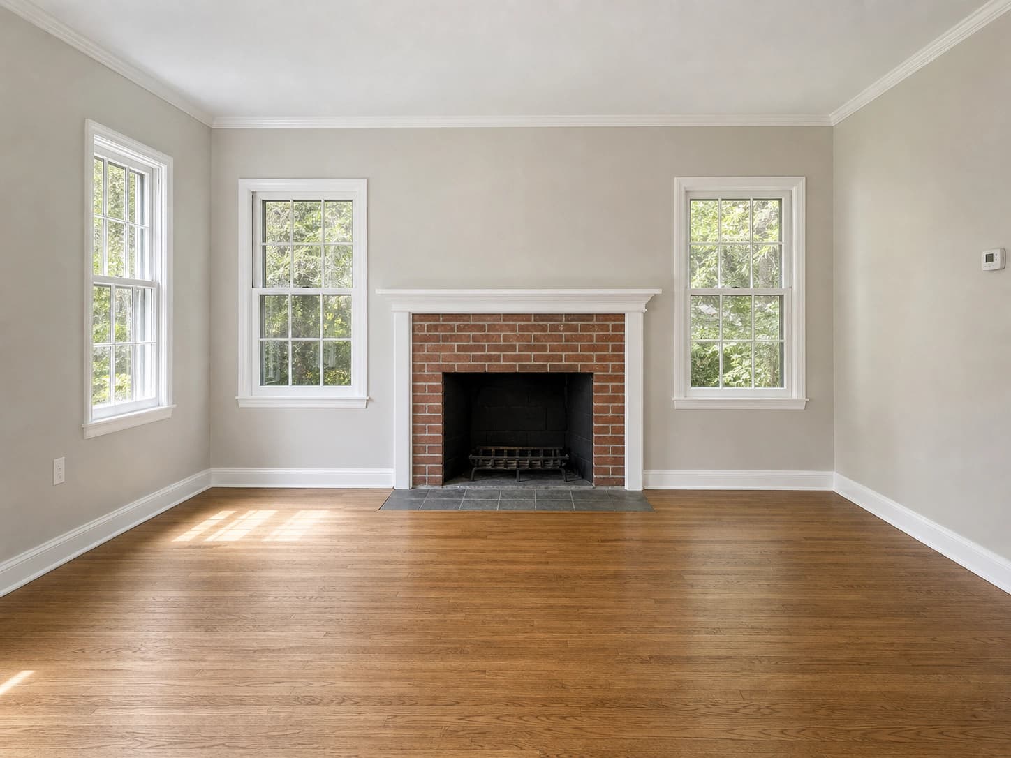Empty living room photographed straight on: a red brick fireplace with a white mantel and slate hearth on the far wall, flanked by two white six-over-six divided-light windows, a third matching window on the left wall, white crown molding and tall baseboards, and an oak floor whose planks run away from the camera.