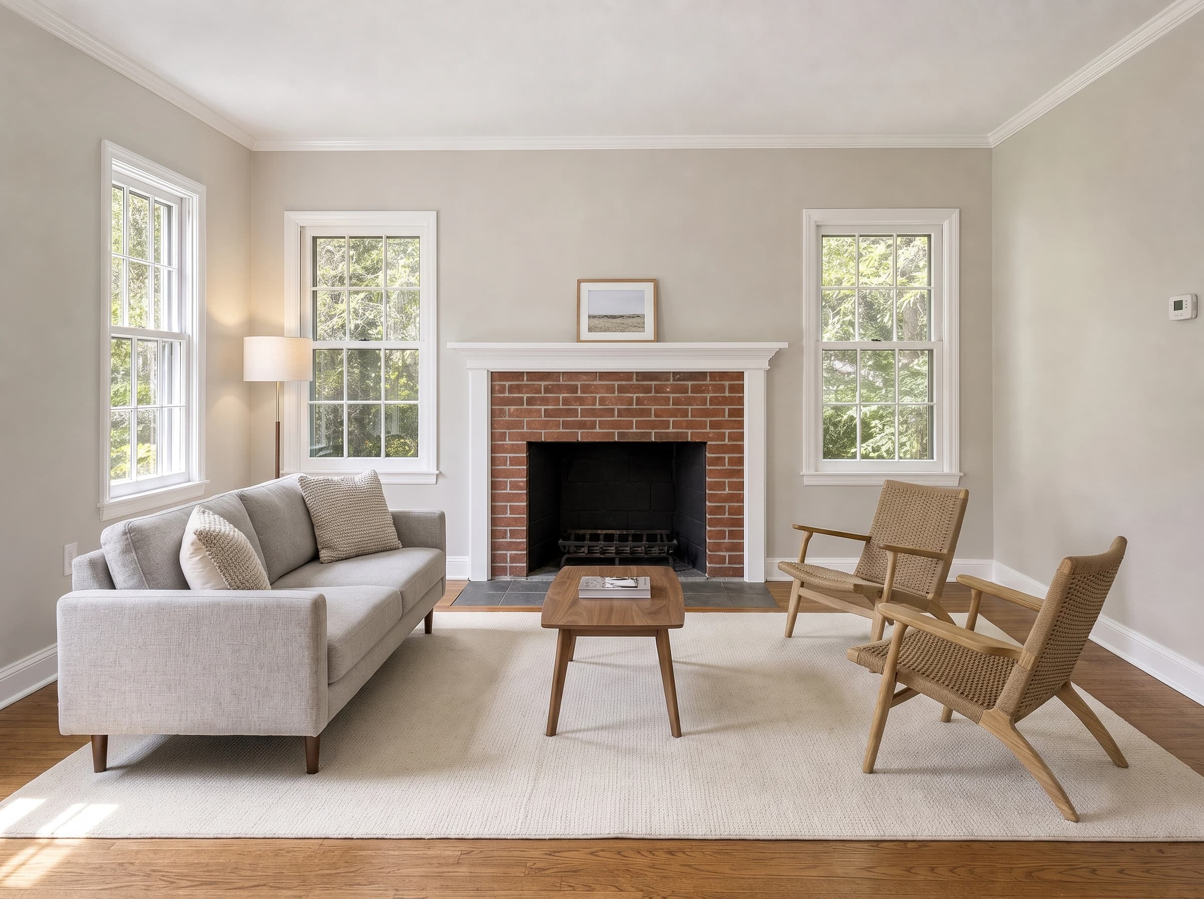 The same living room staged with a light grey sofa, two woven accent chairs, a wood coffee table, a large cream rug and a corner floor lamp, with the brick fireplace, slate hearth, window grids, crown molding and floor unchanged from the empty photo.