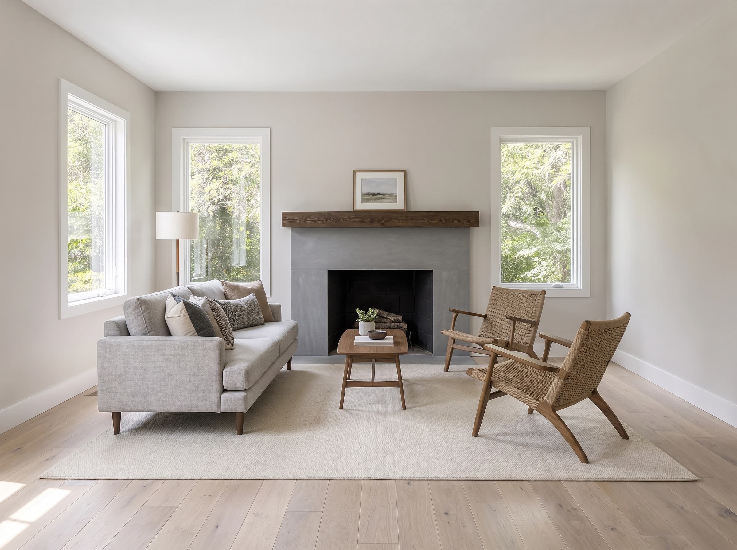 The same room and the same furniture arrangement, but the windows have lost their divided-light grids and become plain single panes, the brick fireplace is now a grey stone surround with a chunky dark wood beam mantel, the slate hearth is gone, the crown molding has disappeared and the floor is a paler wood laid in a different direction.
