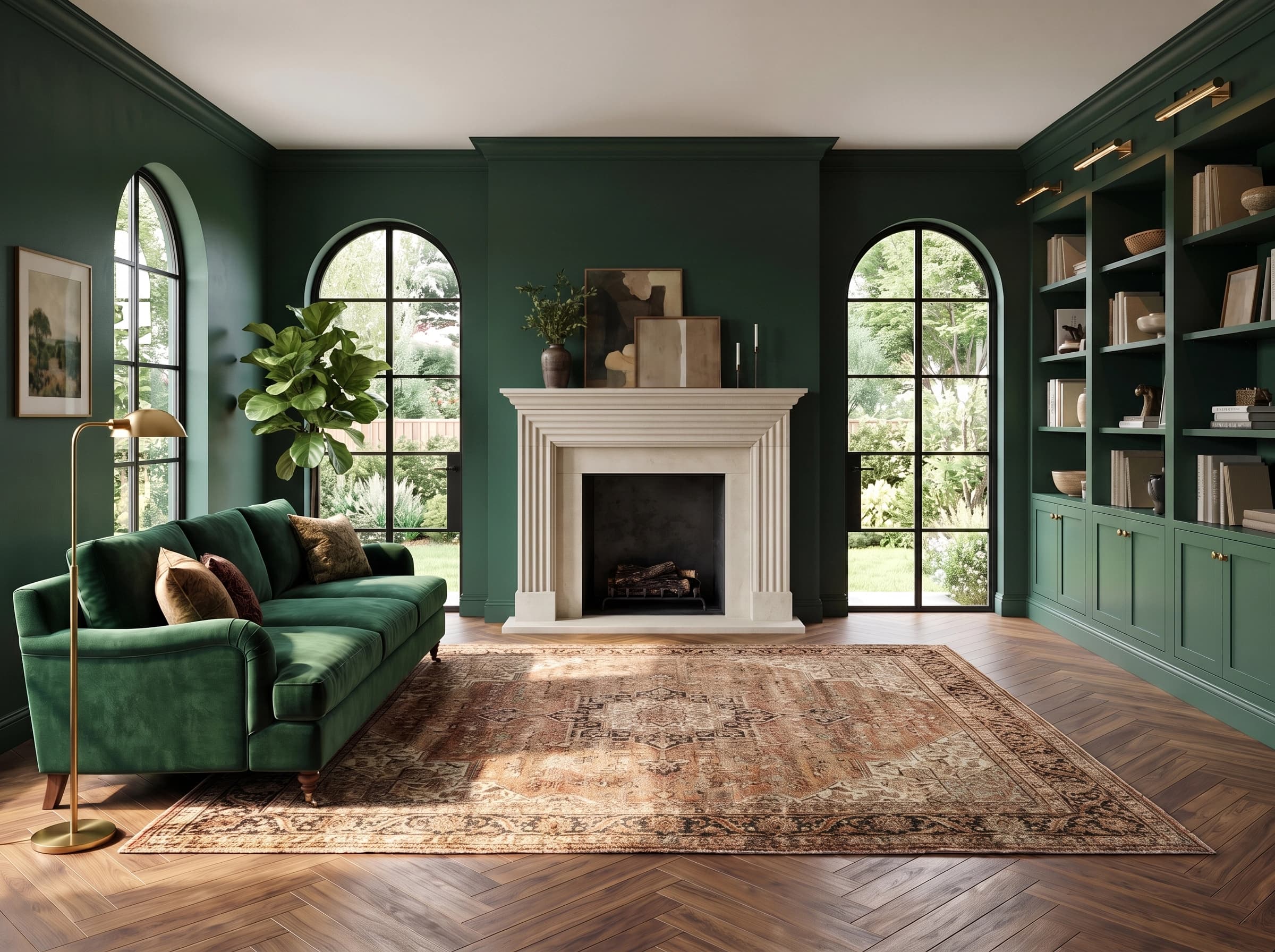 The same room reimagined as a design concept: deep green walls, tall arched steel-framed windows onto a garden, full-height green built-in shelving beside a carved limestone fireplace, walnut herringbone parquet, a green velvet sofa and a patterned vintage rug.