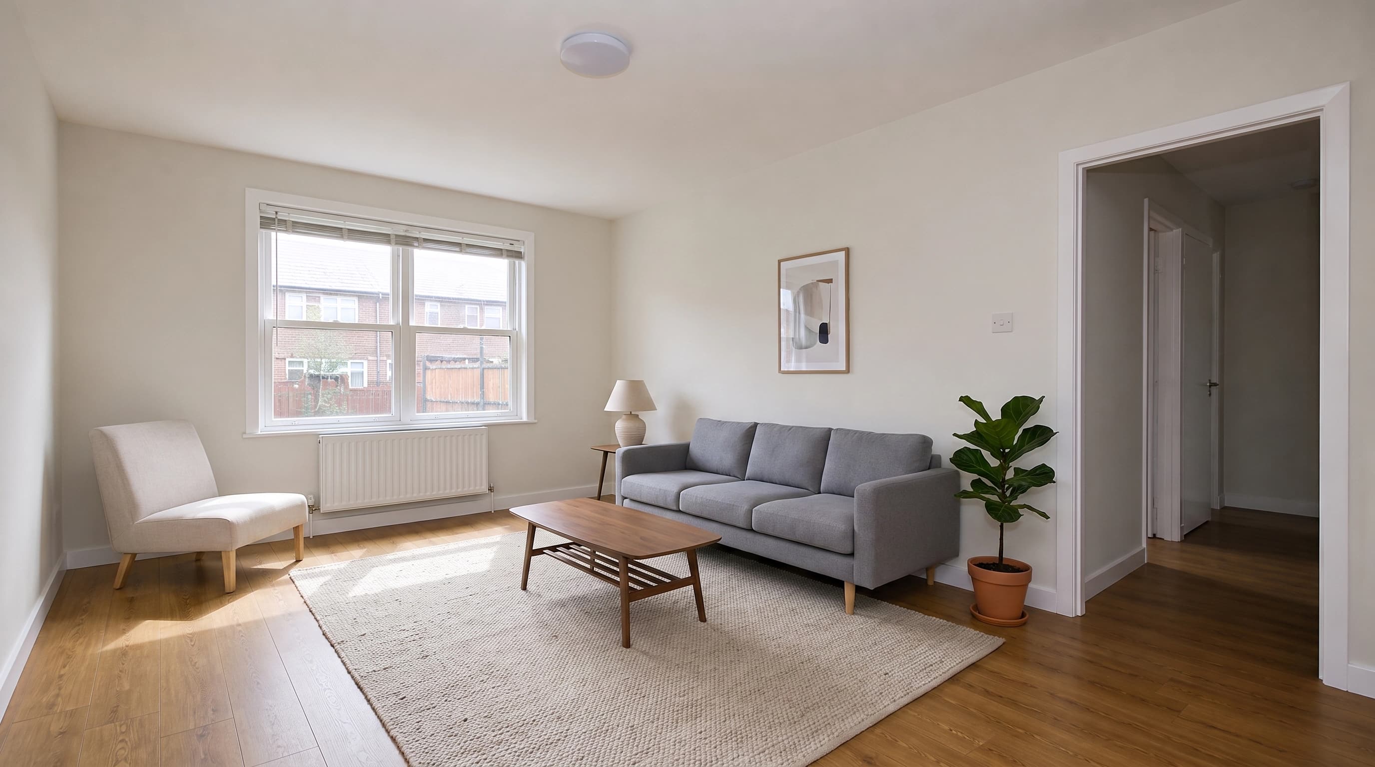 The same empty living room now staged with a grey three-seat sofa, walnut coffee table, oatmeal rug, linen armchair and a potted plant, with the window, radiator, doorway and flooring unchanged