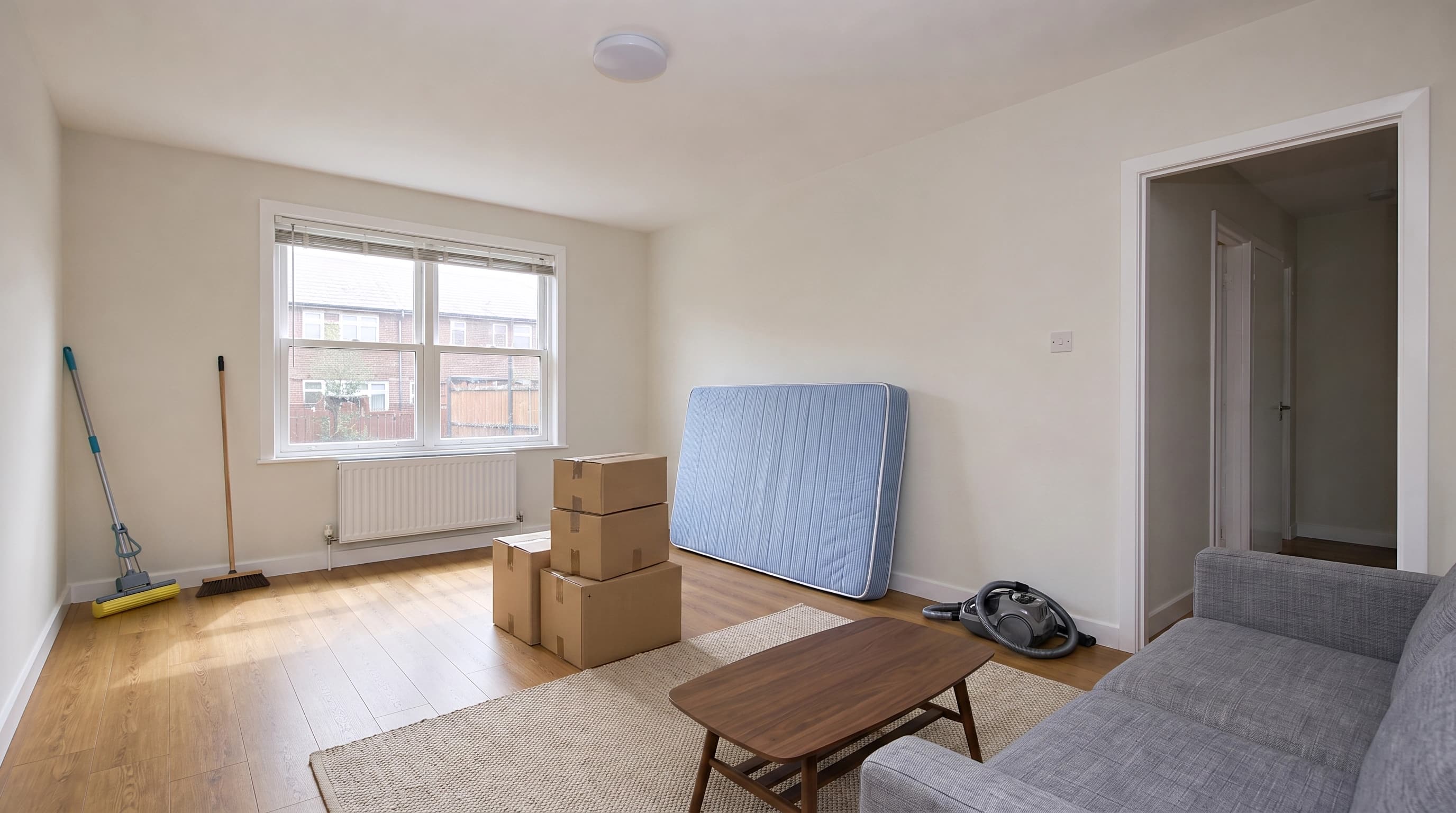 The same room staged while a mop and broom still lean against the left wall, a stack of taped cardboard boxes sits mid-floor, a bare blue mattress leans against the back wall and a vacuum cleaner sits by the doorway, with the sofa and rug pushed into the far corner