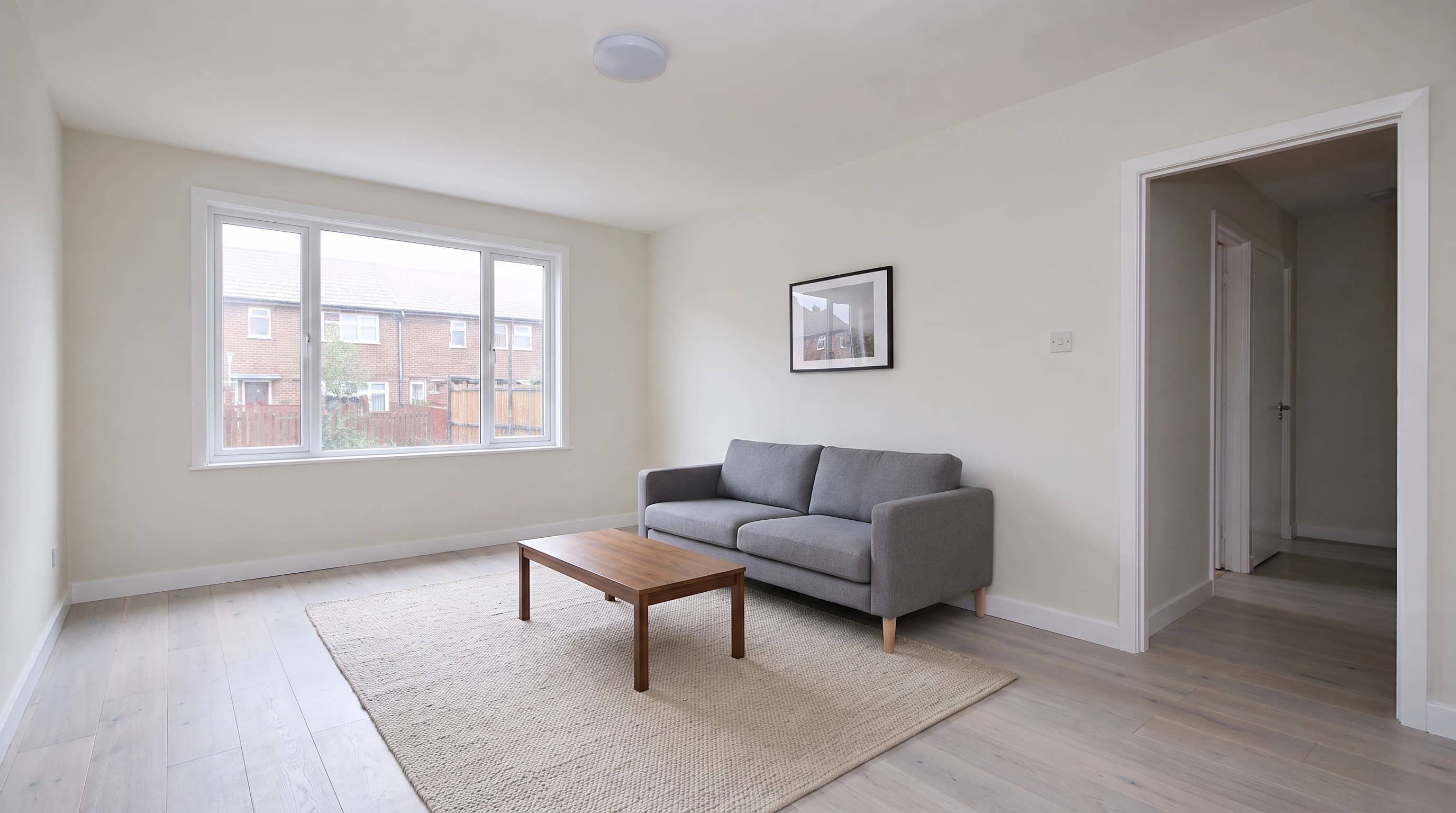 The same room staged again, but the small double-hung window has been replaced by a wide picture window, the radiator under it has vanished, and the oak floor has become pale grey planks, while the doorway, hallway and ceiling light are unchanged