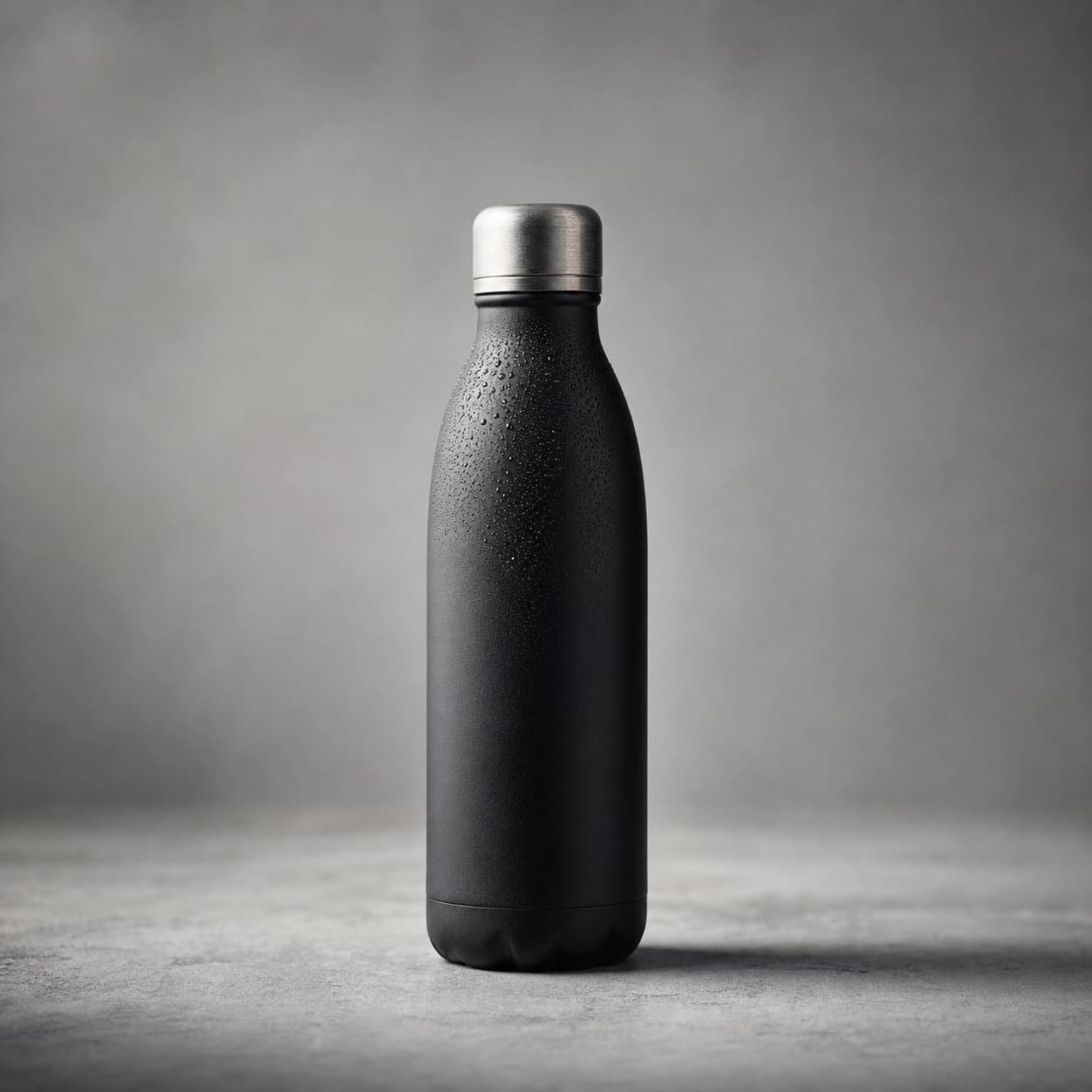 Product hero image of a matte black water bottle on concrete, generated from the labeled prompt skeleton