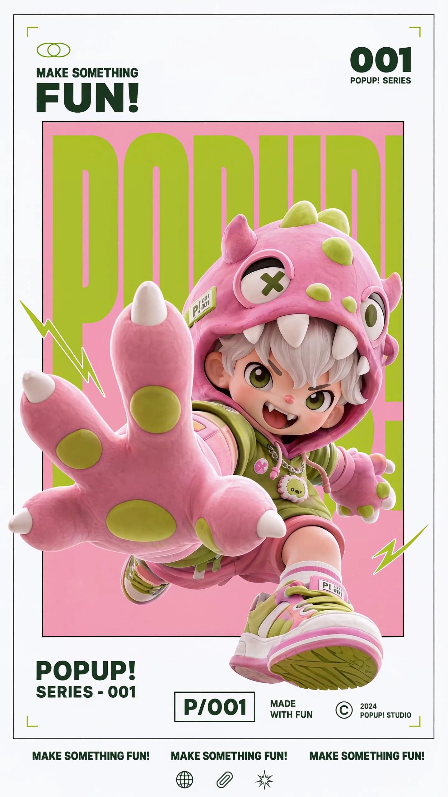 A bright pink and green animated poster generated by MiniMax H3, featuring a stylized character reaching toward the camera