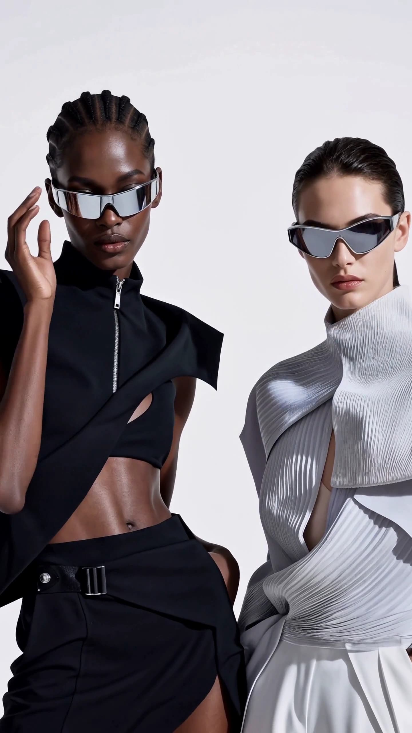 A monochrome fashion editorial frame generated by MiniMax H3, showing two models in sculptural black and silver clothing