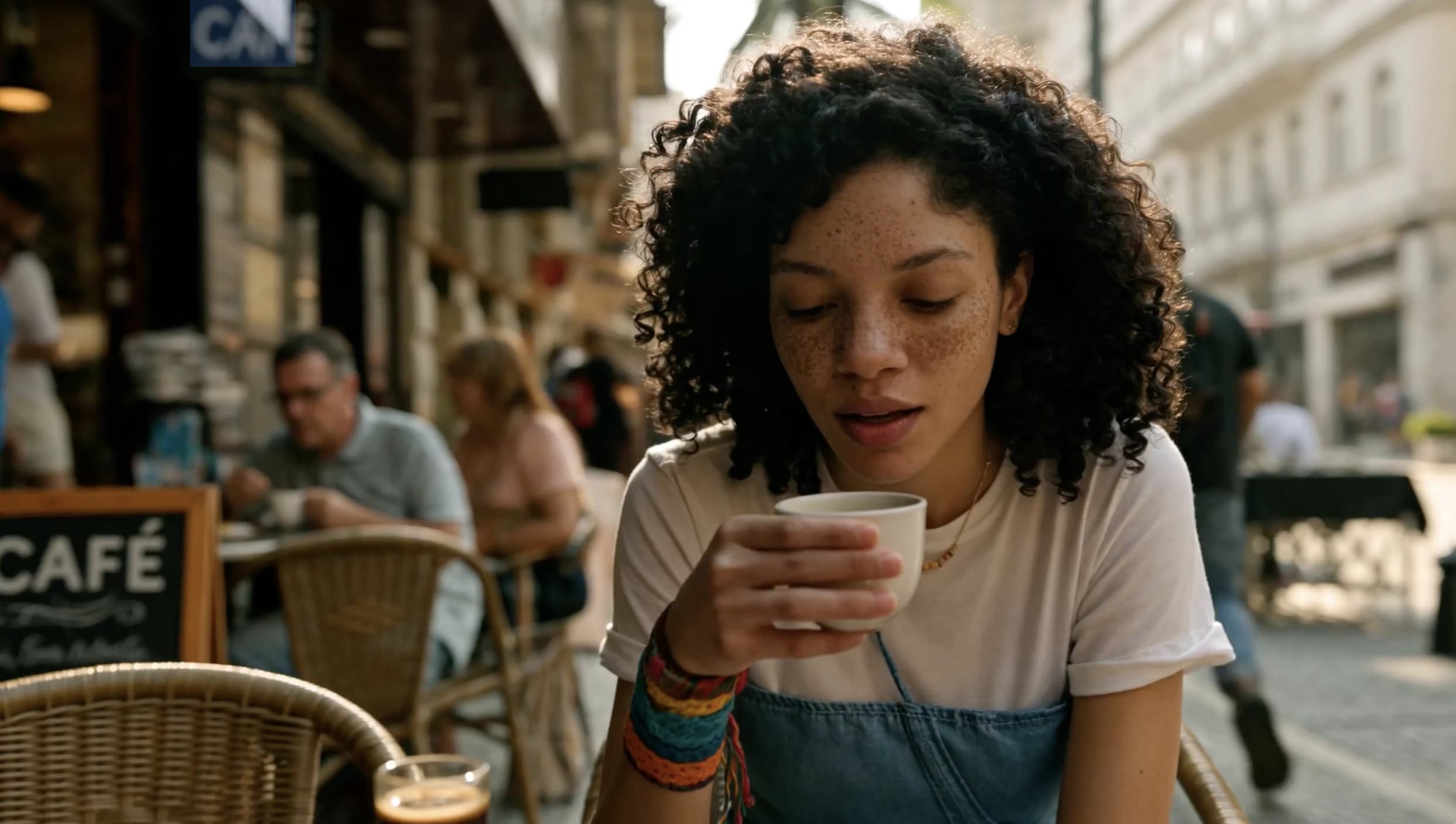 The source still from MiniMax's H3 multimodal reference demo, showing a woman holding a cup at a sidewalk cafe
