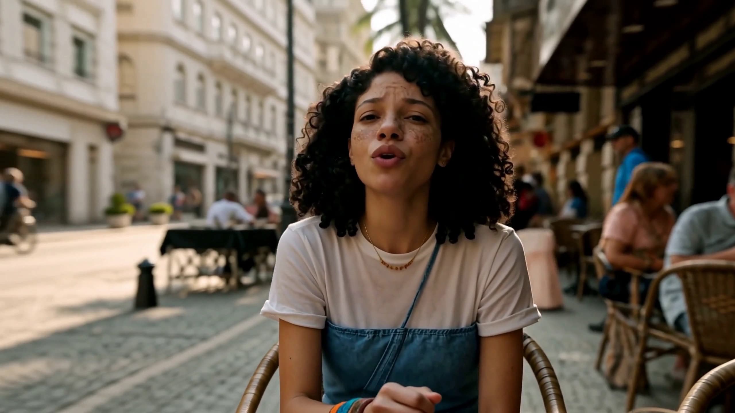 A frame from the MiniMax H3 output showing the same woman singing toward the camera at the cafe