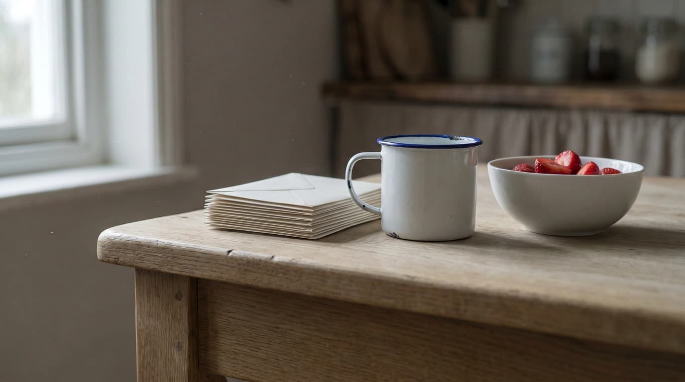 A pale oak kitchen table under low window light with an enamel mug, a squared stack of unopened mail, and a white bowl of cut strawberries