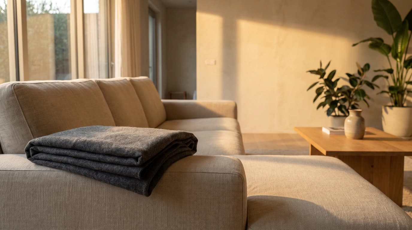 A grey wool throw folded on the arm of a linen sofa in late-afternoon light, the cushions empty