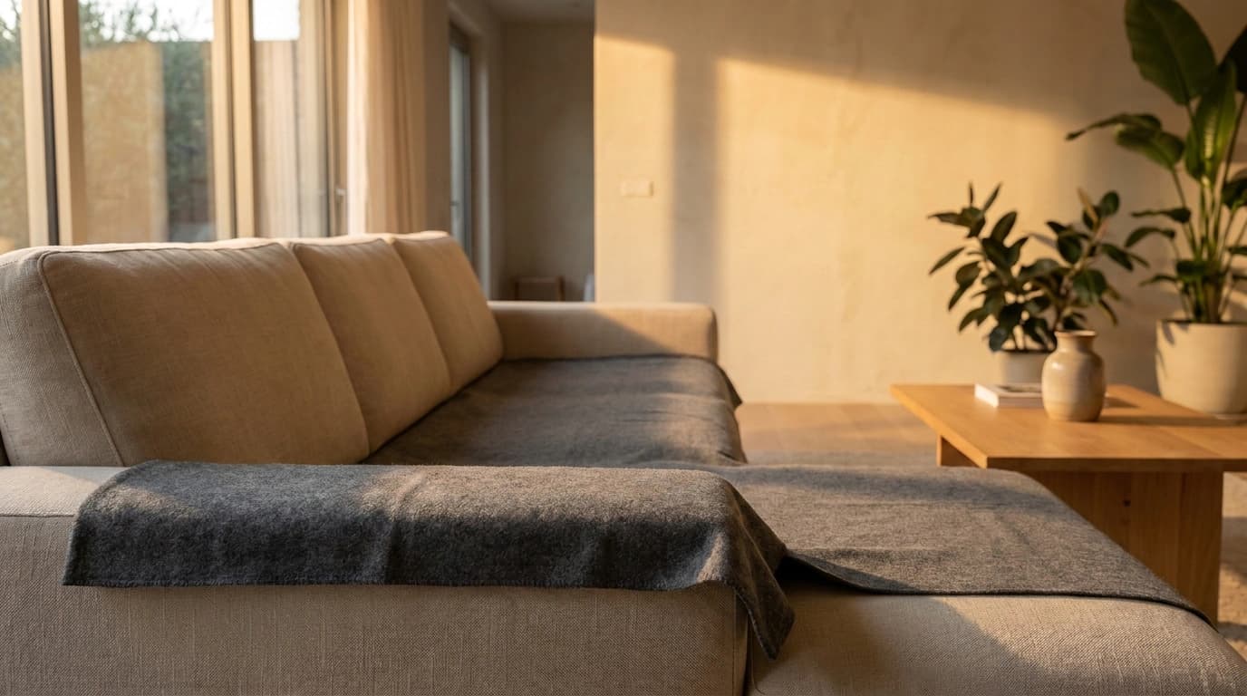 The same sofa in the same light with the grey wool throw shaken open and spread across the seat