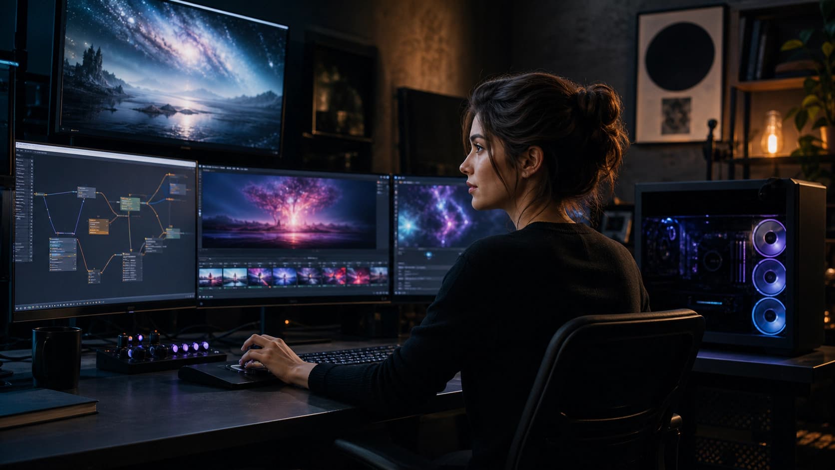 A young filmmaker reviewing locally generated AI video beside a GPU workstation and node-based workflow