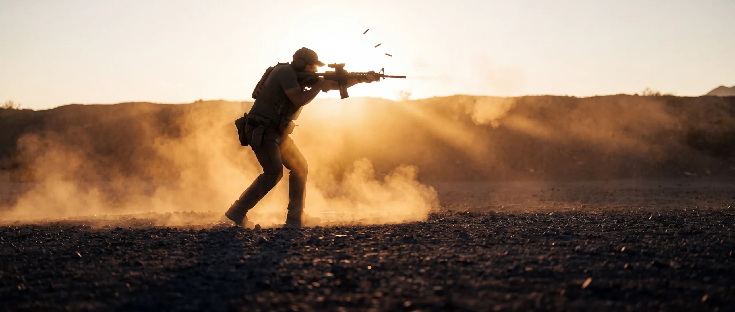 A shooter silhouetted against a dusty sunset, firing a rifle, used as the FRT hub banner