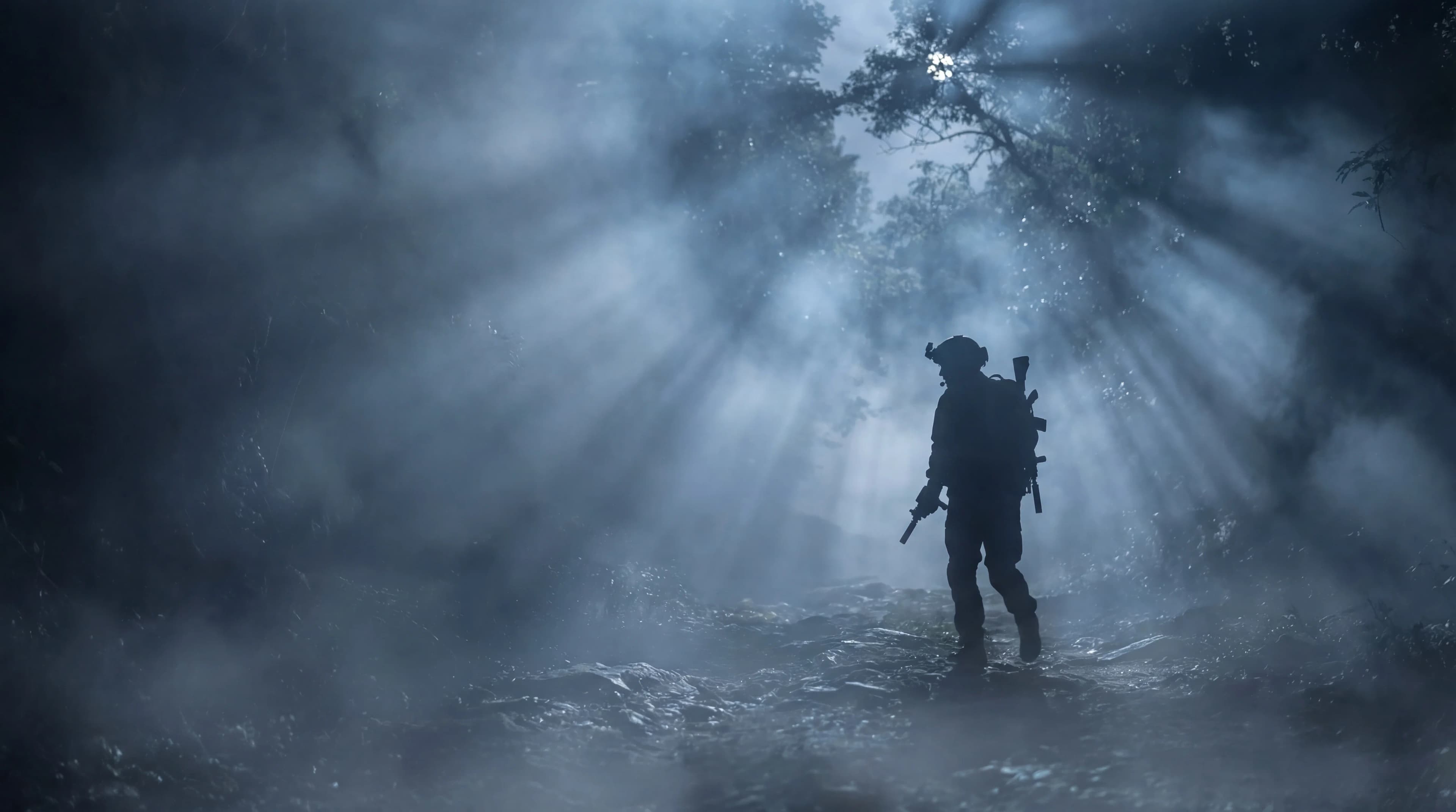 A lone figure with a rifle standing in shafts of blue light through a smoky forest