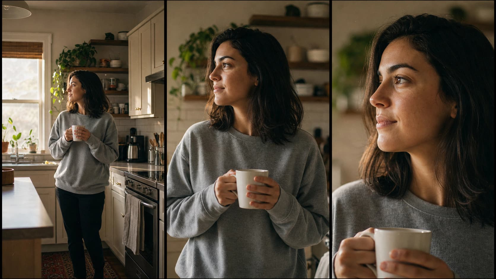 Three sequential film frames of the same fictional character in a kitchen, the camera pushing in across the frames while her face and clothing stay identical