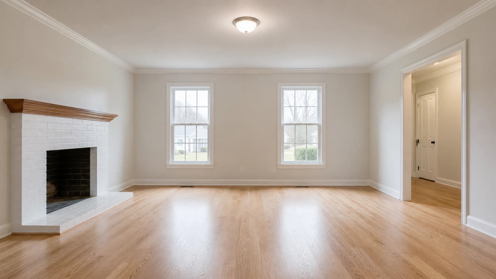 Empty living room with white walls, hardwood floors, and three windows