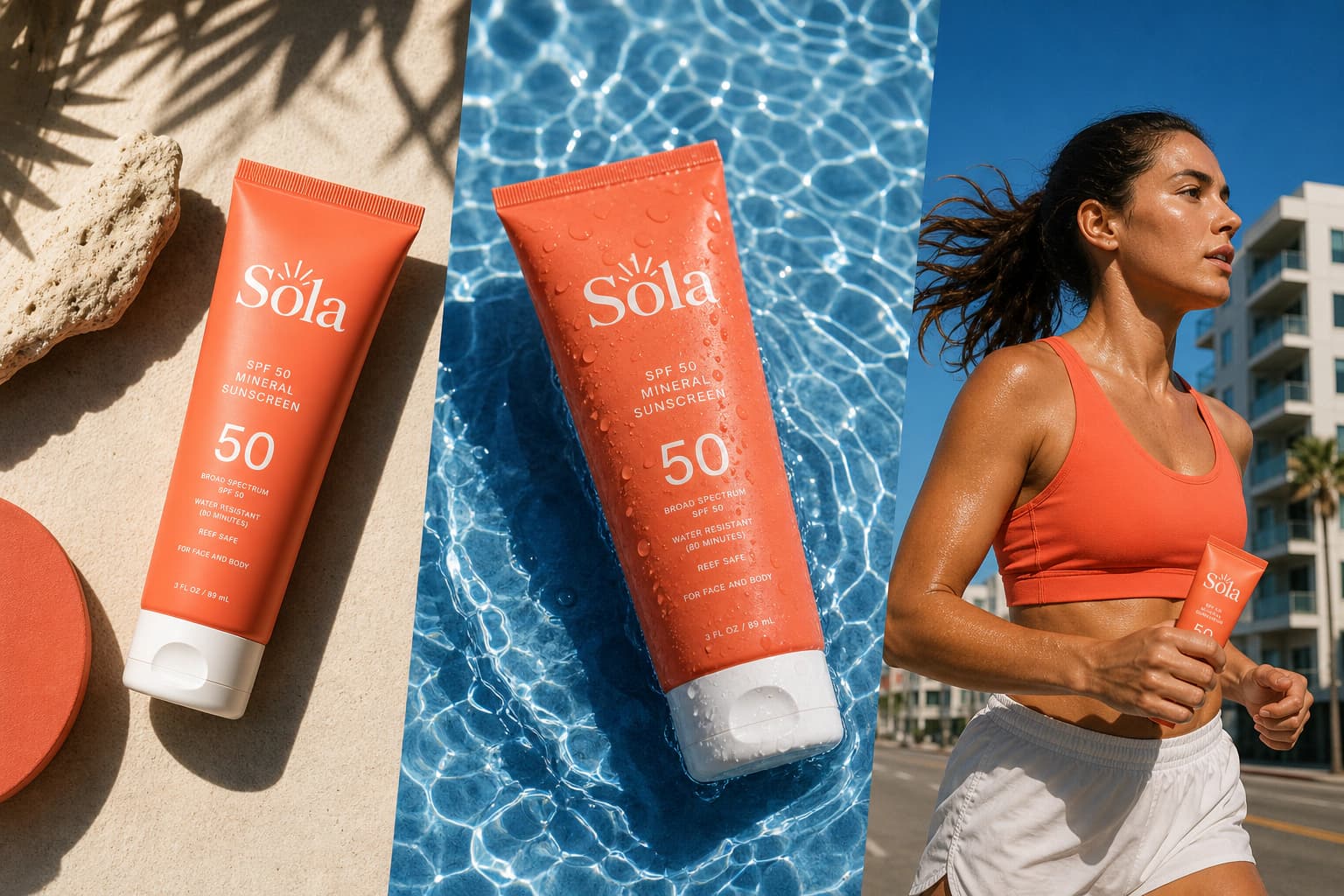 Three distinct Sola campaign directions: studio product, water macro, and urban runner
